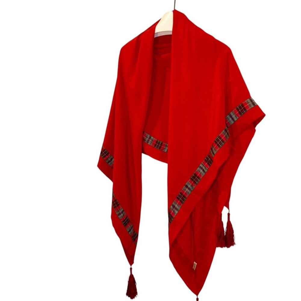 Givenchy red Scottish Stewart Plaid Designer holiday silk shawl scarf wrap - Picture 4 of 6